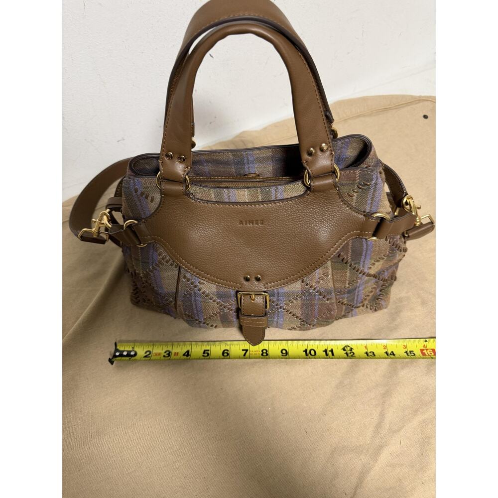 Aimee Satchel Bag Womens Medium Brown Leather Tweed Plaid Top Handle Crossbody - Picture 12 of 14